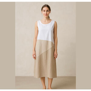 For Cynthia Sleeveless Linen Blend Colorblock Midi Dress Pockets A-line Sz XL